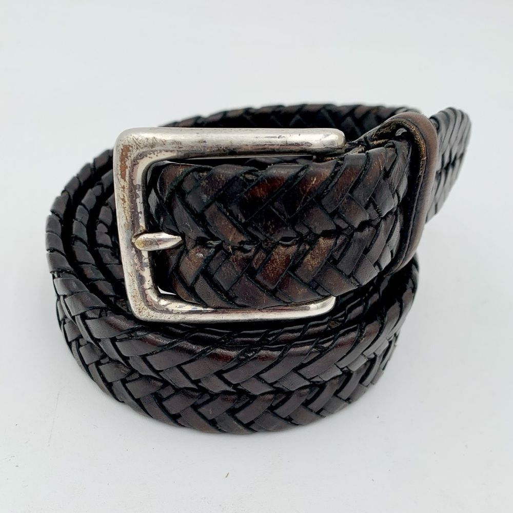 Eddie Bauer Dark Brown Braided Leather Belt Silver Buckle 44”